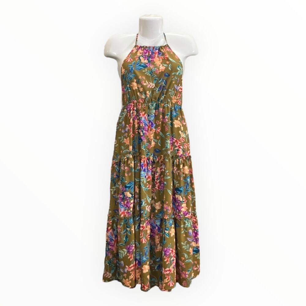 Mine Women’s Olive Floral Halter Flowy Open Back Midi Sun Dress Boho Charm SZ S - Picture 2 of 8